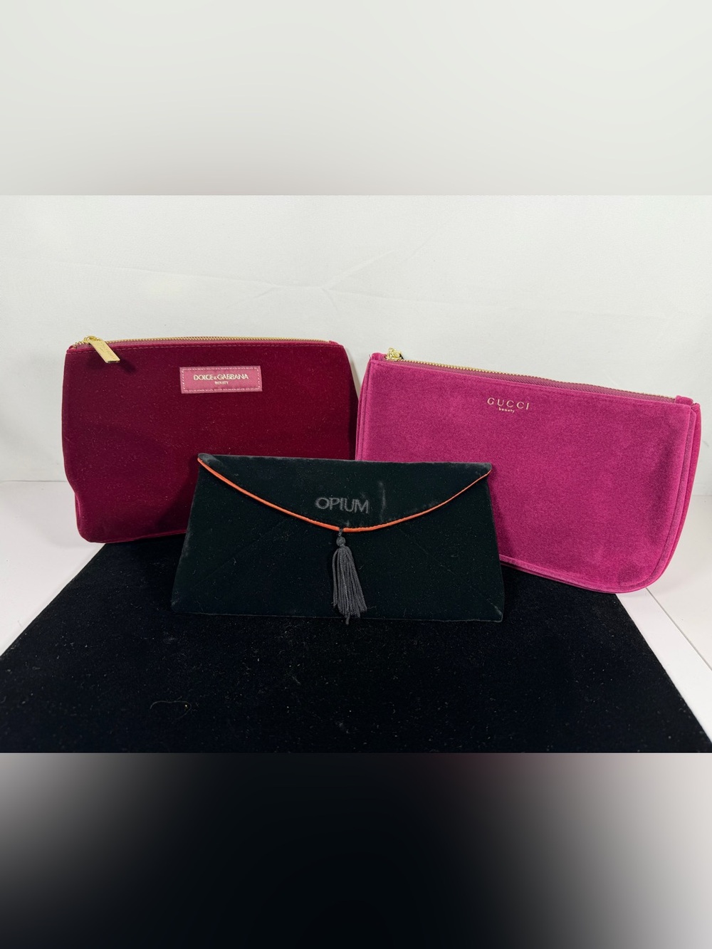 7537: Luxury Beauty Velvet Cosmetic Bag Set of 3 Gucci D&G YSL